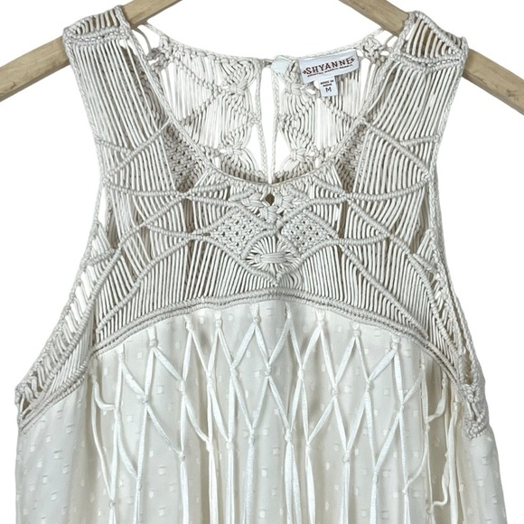 Shyanne Country Cowgirl Tiered Macrame Fringe Sheer Swiss Dot Cream Dress Size M - Picture 3 of 12
